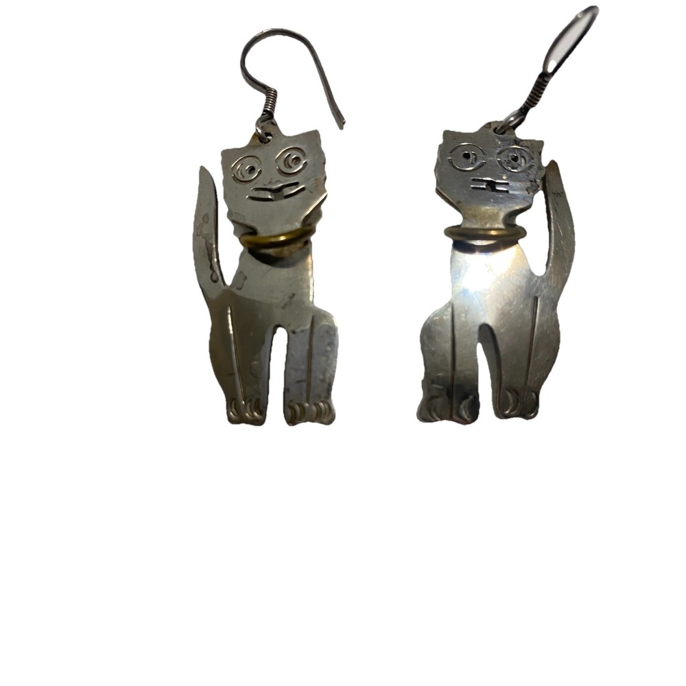 Sterling Silver Cat 925 Dangle Earrings Unique Faces México Stamped-15.77 g
